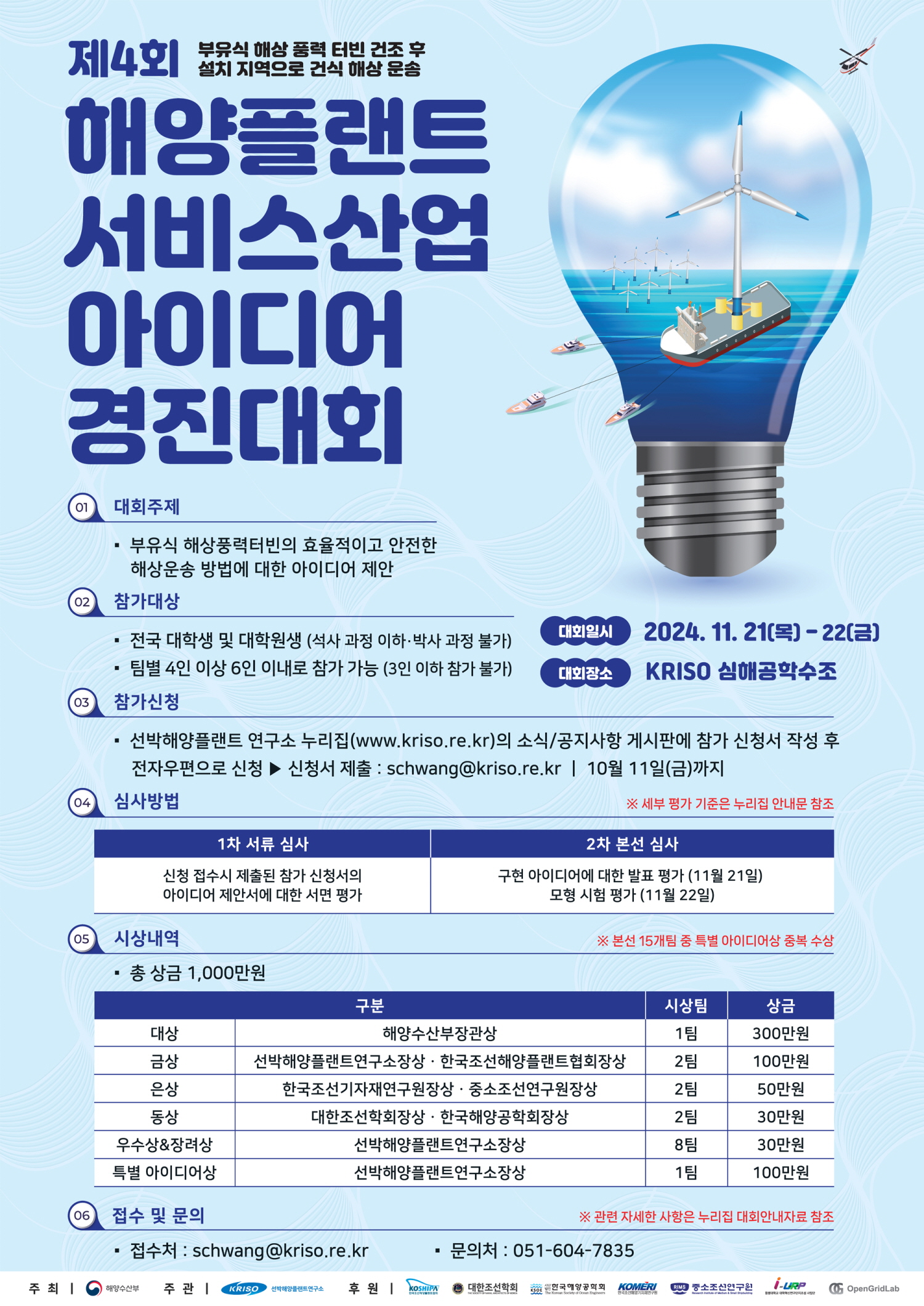 제4회 부유식 해상 풍력 터빈 건조 후 설치 지역으로 건식 해상 운송
해양플랜트 서비스산업 아이디어 경진대회
01 대회주제
- 부유식 해상풍력터빈의 효율적이고 안전한 해상운송 방법에 대한 아이디어 제안
02 참가대상
- 전국 대학생 및 대학원생 (석사 과정 이하·박사 과정 불가)
- 팀별 4인 이상 6인 이내로 참가 가능 (3인 이하 참가 불가)
대회일시 : 2024. 11. 21[목] - 22[금]
대회장소 : KRISO 심해공학수조
03 참가신청
- 선박해양플랜트 연구소 누리집(www.kriso.re.kr)의 소식/공지사항 게시판에 참가 신청서 작성 후 전자우편으로 신청 
-> 신청서 제출 : schwang@kriso.re.kr | 10월 11일(금)까지
04 심사방법
※ 세부 평가 기준은 누리집 안내문 참조
- 1차 서류 심사 : 신청 접수시 제출된 참가 신청서의 아이디어 제안서에 대한 서면 평가
- 2차 본선 심사 : 구현 아이디어에 대한 발표 평가 (11월 21일), 모형 시험 평가 (11월 22일)
05 시상내역
※ 본선 15개팀 중 특별 아이디어상 중복 수상
- 총 상금 1,000만원
시상내역에 대해 구분, 시상팀, 상금으로 분류하여 정리한 표입니다.
구분 시상팀 상금
대상| 해양수산부장관상| 1팀| 300만원
금상 | 선박해양플랜트연구소장상 · 한국조선해양플랜트협회장상 | 2팀 | 100만원
은상 | 한국조선기자재연구원장상 · 중소조선연구원장상 | 2팀 | 50만원
동상 | 대한조선학회장상 ·  한국해양공학회장상 | 2팀 | 30만원
우수상&장려상 | 선박해양플랜트연구소장상 | 8팀 | 30만원
특별 아이디어상 | 선박해양플랜트연구소장상 | 1팀 | 100만원
06 접수 및 문의
※ 관련 자세한 사항은 누리집 대회안내자료 참조
· 접수처 : schwang@kriso.re.kr
· 문의처 : 051-604-7835
주최 | 해양수산부
주관 | KRISO 선박해양플랜트연구소
후원 | KOSHIPA, 대한조선학회, 한국해양공학회, KOMERI, 중소조선연구원, i-URP, OpenGridLab